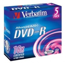 Диск DVD-R Verbatim 4.7Gb 16x Jewel Case (5шт) 43519