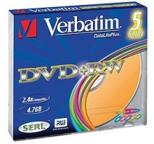 Диск DVD+RW Verbatim 4,7Gb 4x Slim Case Color (5шт) 43297